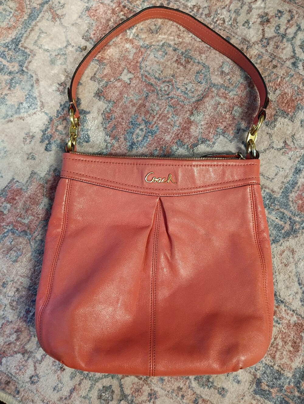 Coach Coral-Red Pebbled Leather Shoulder Bag with Gold Hardware
